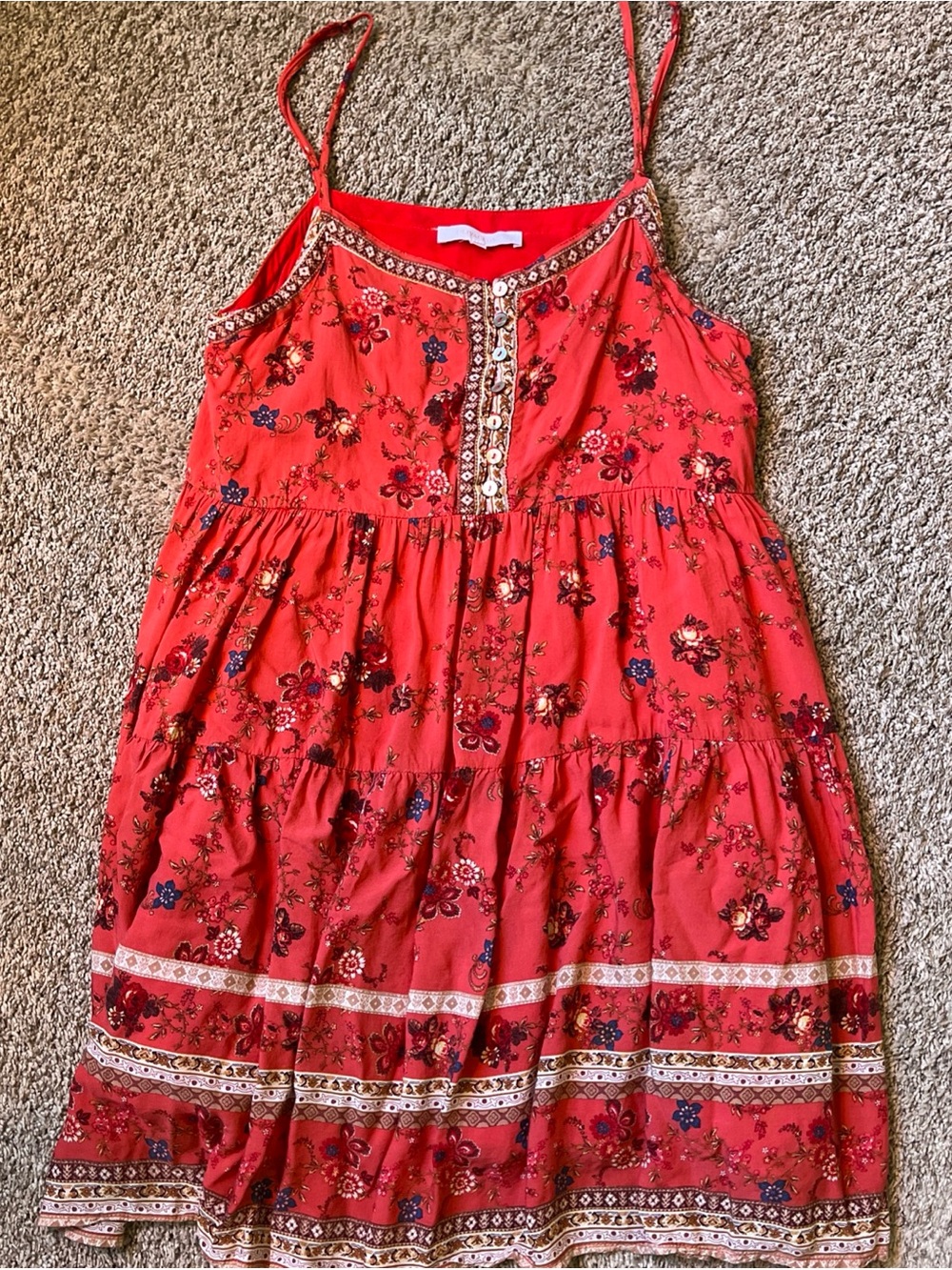 Olivaceous Red Floral Tiered Sundress with Embellished Buttons